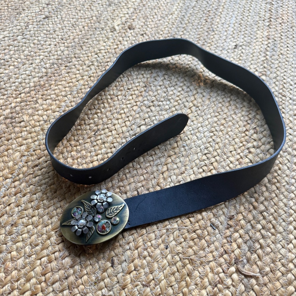 Sereno Italy Black Genuine Leather Belt Floral Jewel Buckle XL 51355 Boho Brass